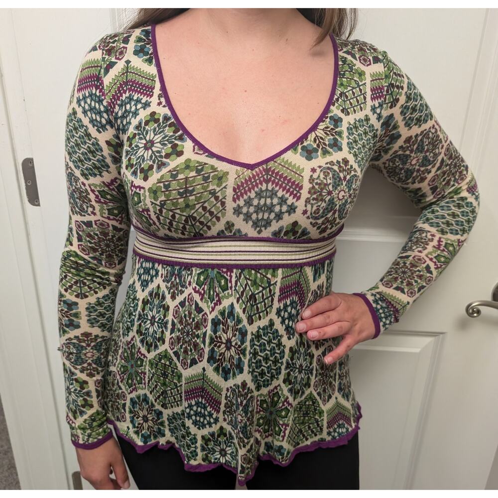 Gucci Lightweight Cashmere Babydoll Sweater Colorful Snowflakes‎ Y2K *Flaws - Picture 2 of 9